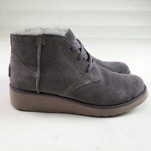 Ugg Koolaburra Suede Ankle Boot Women 8 Gray Faux Fur Lined Lace Up Chukka Wedge